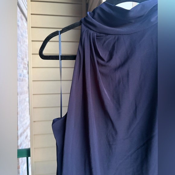 🆕Jewel Badgley Mischka Navy Ruched Sleeveless Midi Dress Size 12 Elegant Stretch - Picture 9 of 15